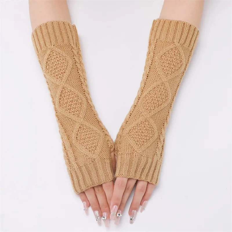 New Style Jacquard Diamond Long Arm Warmers Knit Long Sleeve Fingerless Mittens Gloves