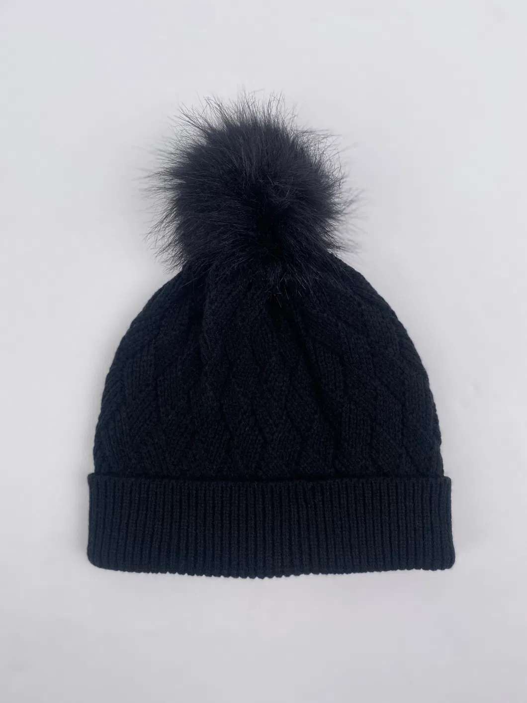 Fashion Unisex Black Solid Color Basket Diamond Kintted Pompom Hat