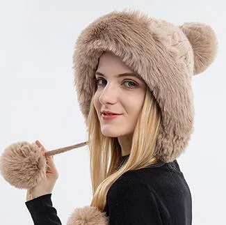 Women&prime;s Cute POM POM Knitted Beanie Hat Fluffy Woolen Winter Warm Hat