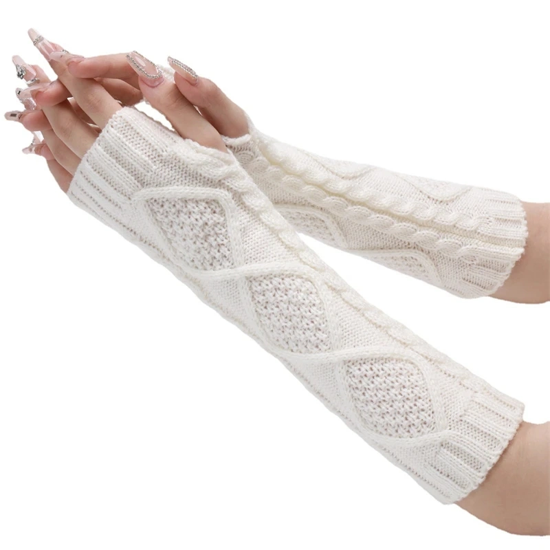 New Style Jacquard Diamond Long Arm Warmers Knit Long Sleeve Fingerless Mittens Gloves