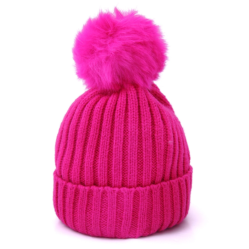 Kids Winter Knitted Multi Color Cuff Slouchy Beanie Hats with Pompom