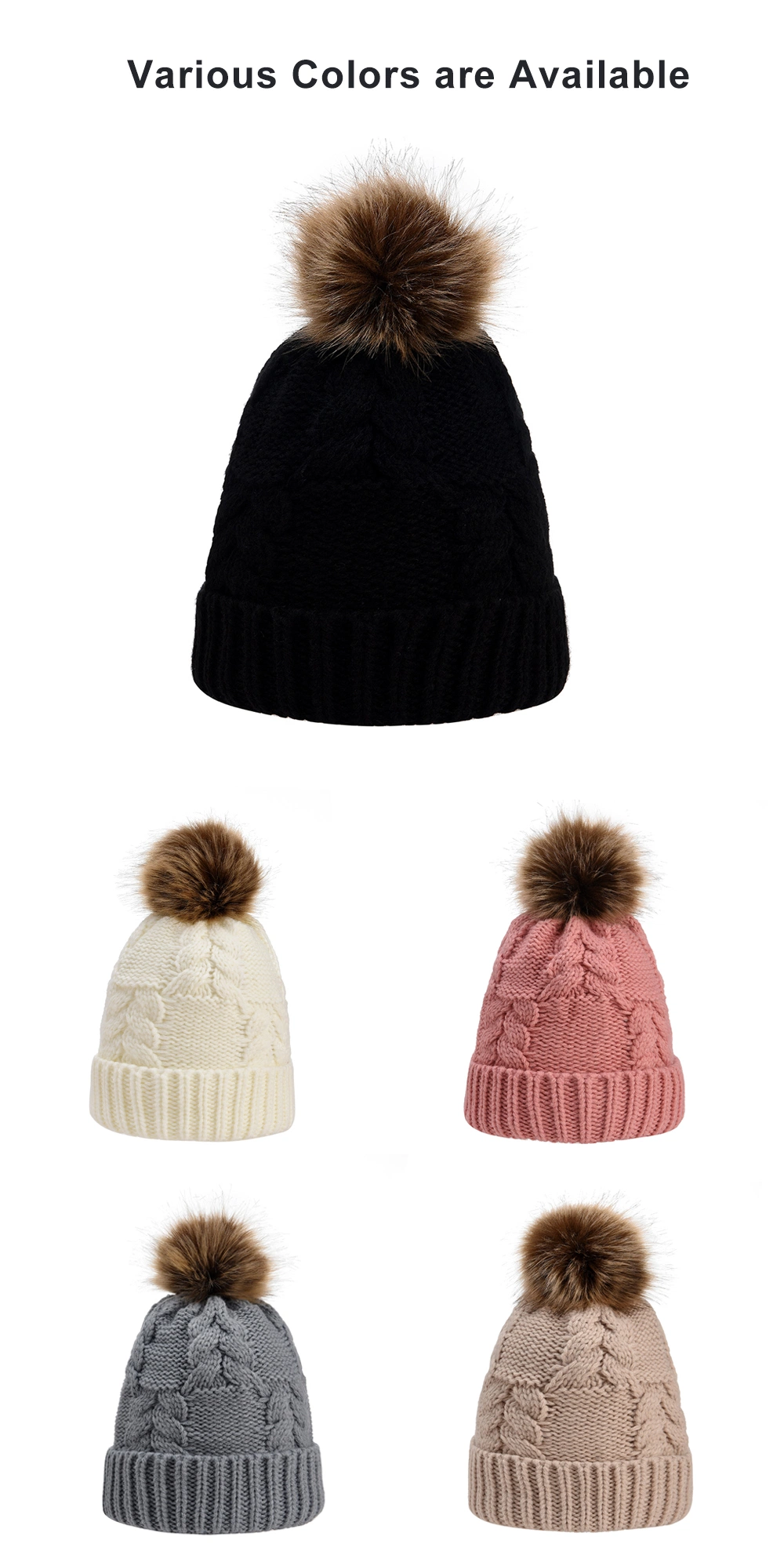 Thicken Windproof Winter Beanies Warm Fur Pompoms Cotton Knitted Beanies Hats