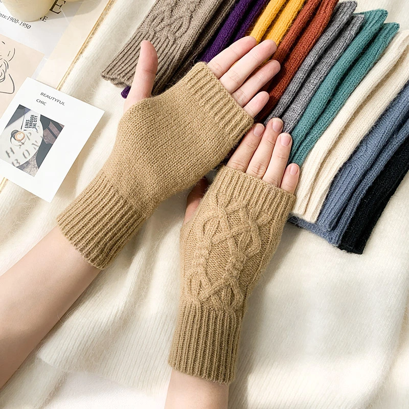 Half-Cut Female Winter Fingerless Cute Student Writing Vertical Striped Wool Knitted Gloves