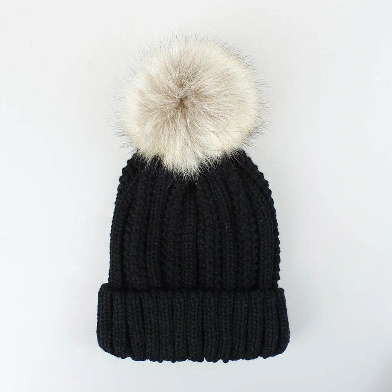 High Quality Black Plain POM POM Women Beanie Winter Hats