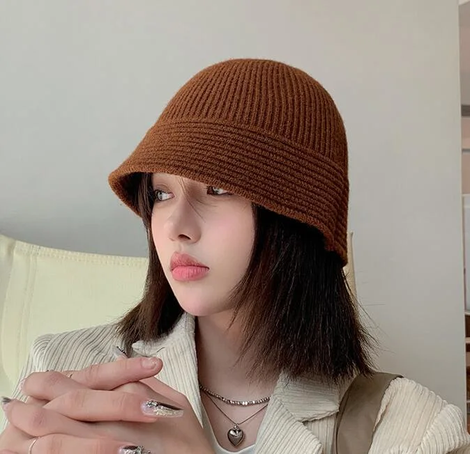 Women&prime;s Solid Color Knitted Chunky Cable Bucket Hat Striped Bucket Hat