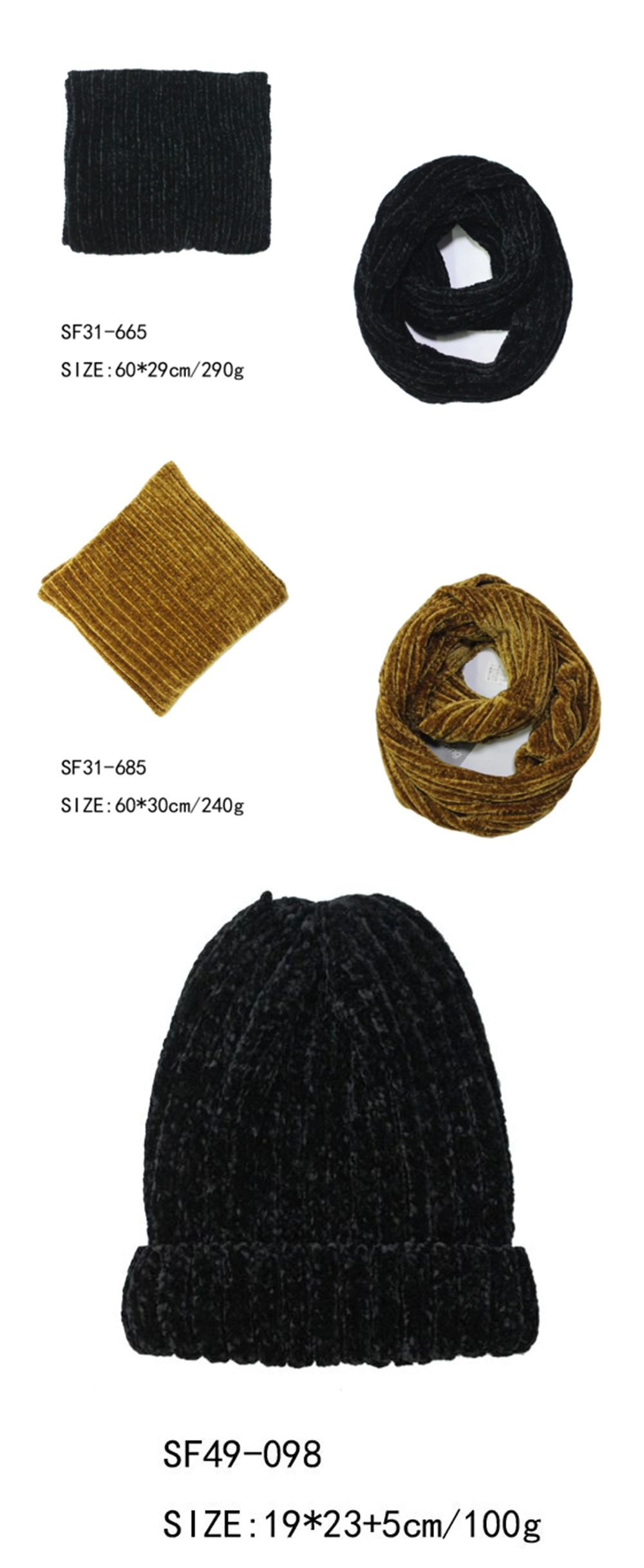 Lady&prime;s Heavy Chenille Set Beanie Hat and Neck Collar Scarf with Faux Fur Pompom