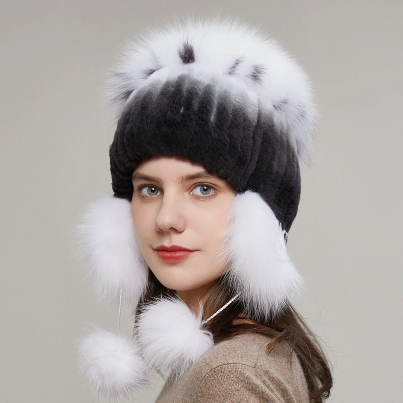 Women&prime;s Real Mink Fur Fashion Hat Elastic Knitted with Real Fox Fur Balls Winter Warm Pompom