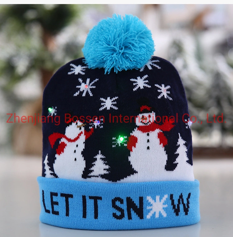 OEM Custom Logo Embroidered Solid Color Women Pink Winter Outdoor Snowboard Ski Camping Knitted Bobble Hat with LED Light