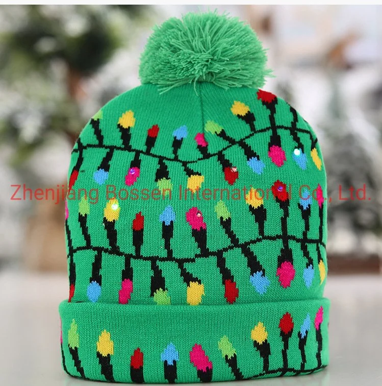 OEM Custom Logo Embroidered Solid Color Women Pink Winter Outdoor Snowboard Ski Camping Knitted Bobble Hat with LED Light