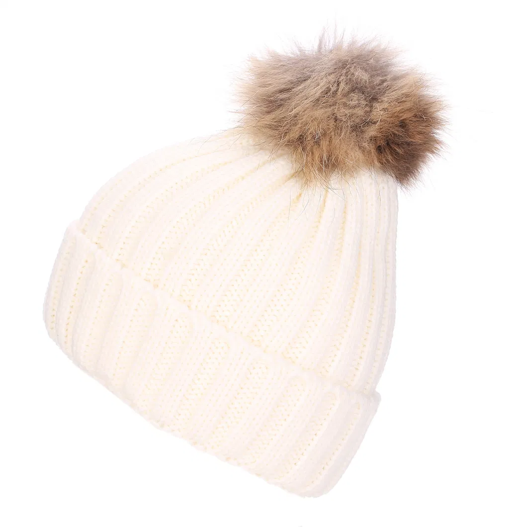 New Winter Baby Cap Knitted Hairball Hat with Double Real Fur POM Poms