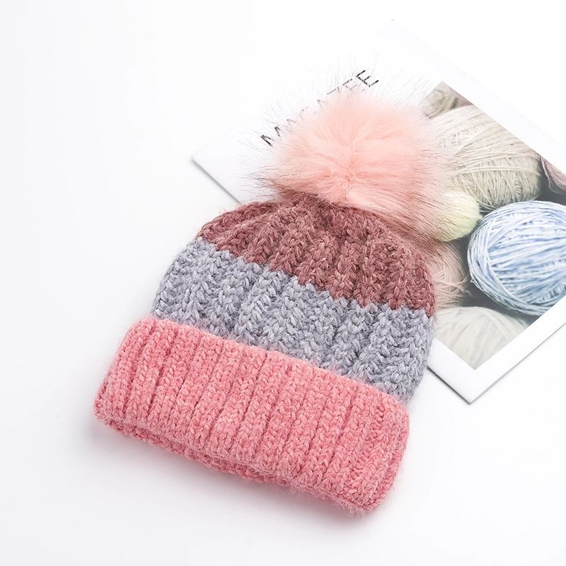 High Quality Custom Pompom Jacquard Striped Acrylic Adults Knitted Winter Beanie Hat