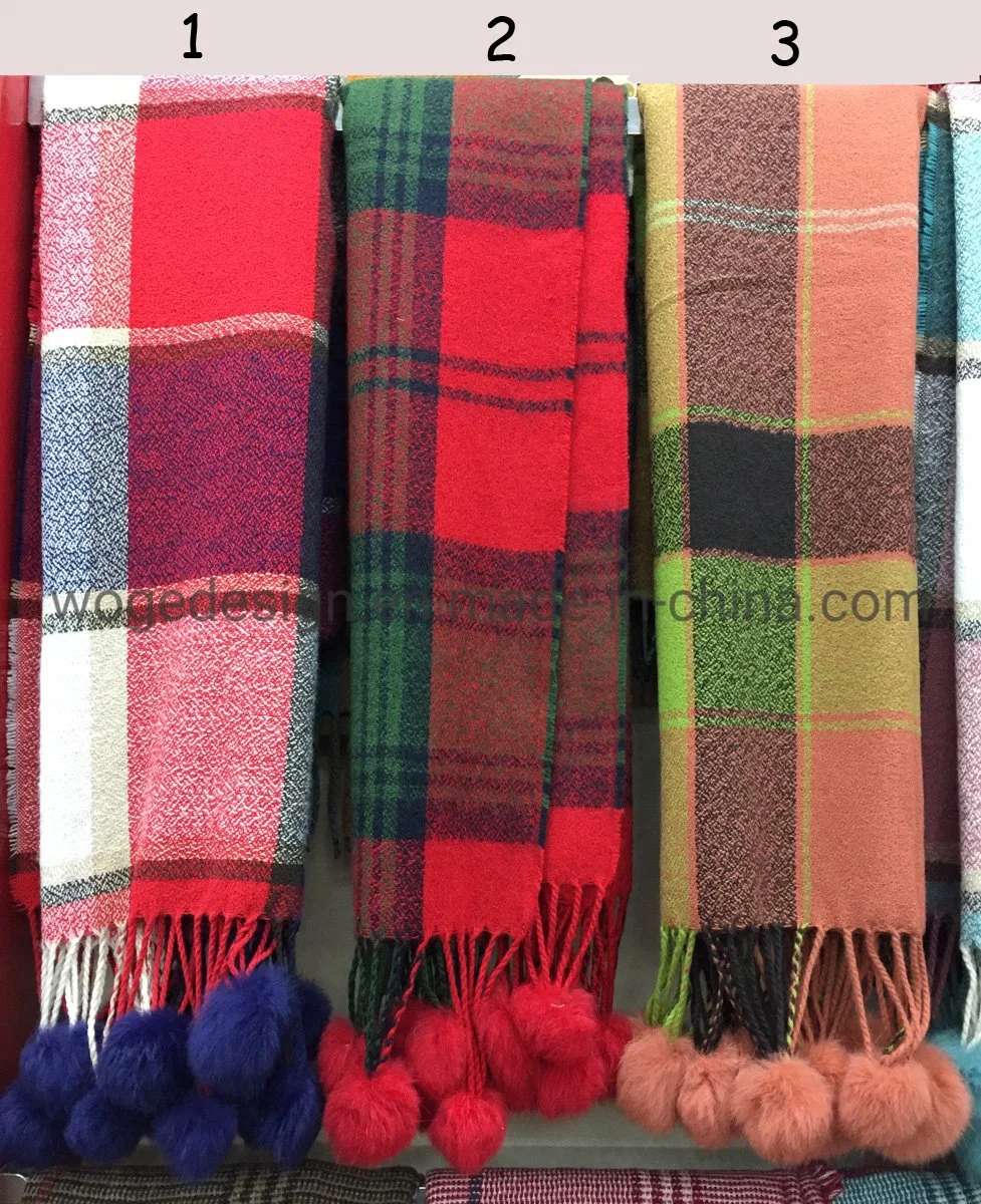 Top Sold Woge Supplier Wholesale Winter Femme Wrap Pashmina Other Shawl Acrylic Plaid Tartan Scarf with Rabbit Fur Pompoms