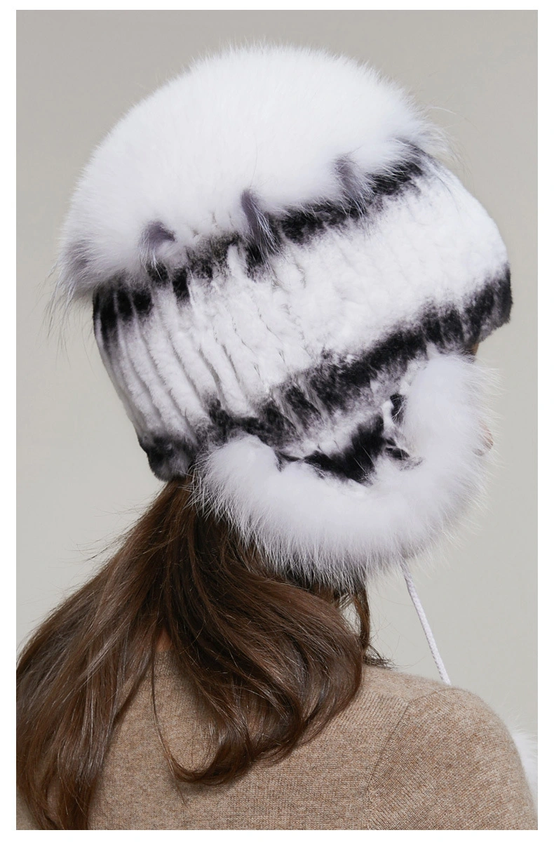 Women&prime;s Real Mink Fur Fashion Hat Elastic Knitted with Real Fox Fur Balls Winter Warm Pompom