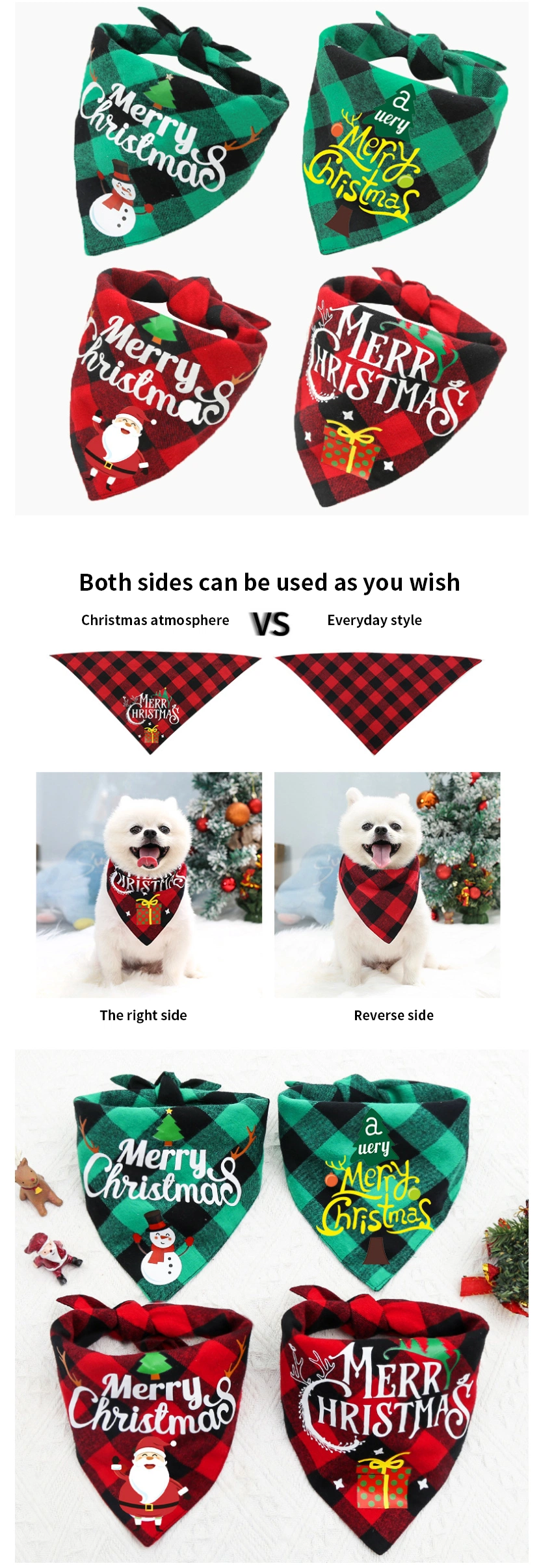 Pet Bibs Dog Bandanas Double Side 100% Cotton Plaid Triangle Scarf Pet Saliva Towel Triangle Dog Scarf