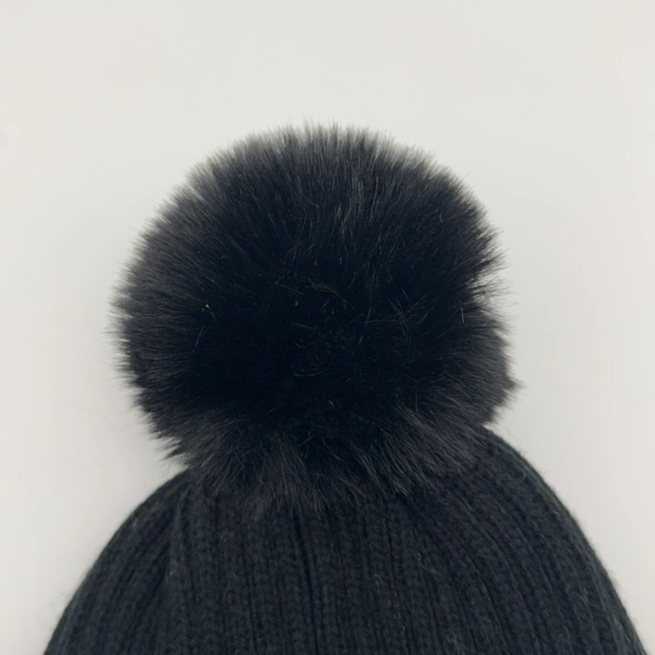 Girls Disney Mickey Mouse Cap Acrylic Black Cute Cable Knitted Hat with Fake Fur Pompom with Polyester Lining