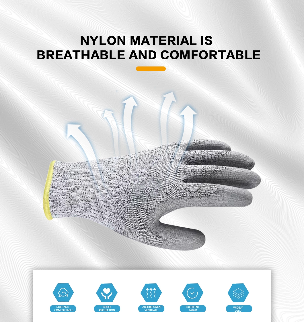 Factoryshop ANSI5 Cutting-D Nylon &amp; Hppe &amp; Glass Fiber Liner PU Coated Anti Cut Resistant Cutting Proof Work Safety Hand Protection Knitted Gloves