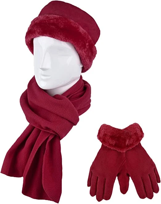 Hat and Glove Set Fleece Winter Warm Hats Gloves Red Scarves
