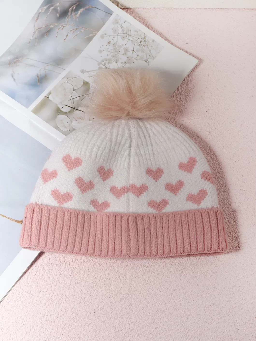 Customize Wool Cap Pink Black Heart Pattern Knitted POM Poms Beanie Hats