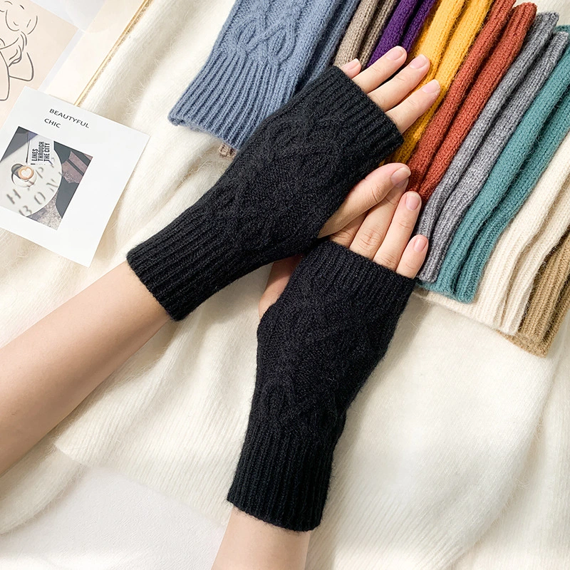 Half-Cut Female Winter Fingerless Cute Student Writing Vertical Striped Wool Knitted Gloves