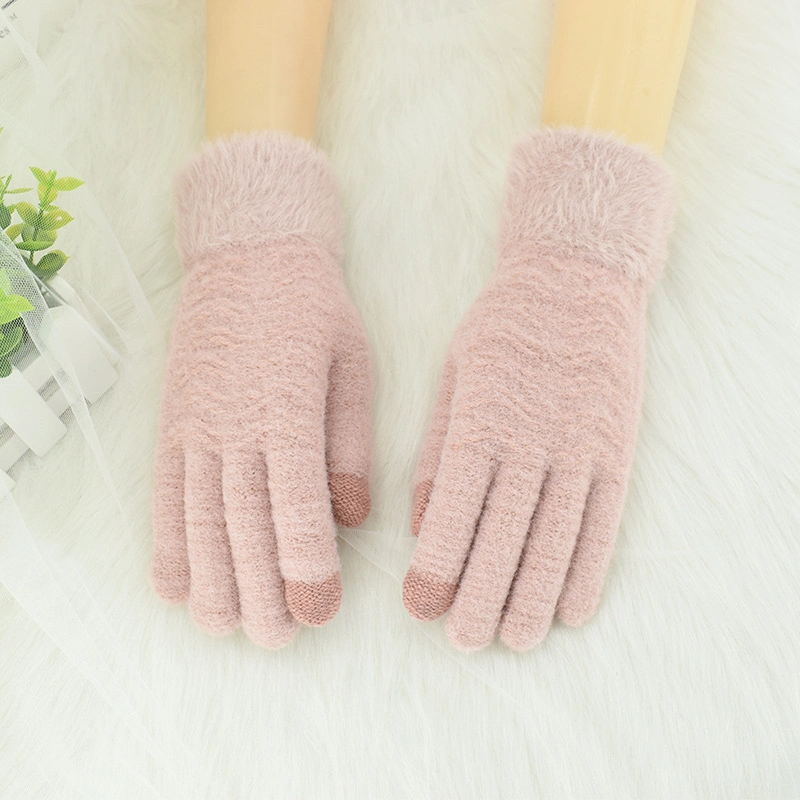 Women&prime;s Winter Knitted Plus Velvet Thickened Warm Touch Screen Five-Finger Wool Driving Outdoor Gloves