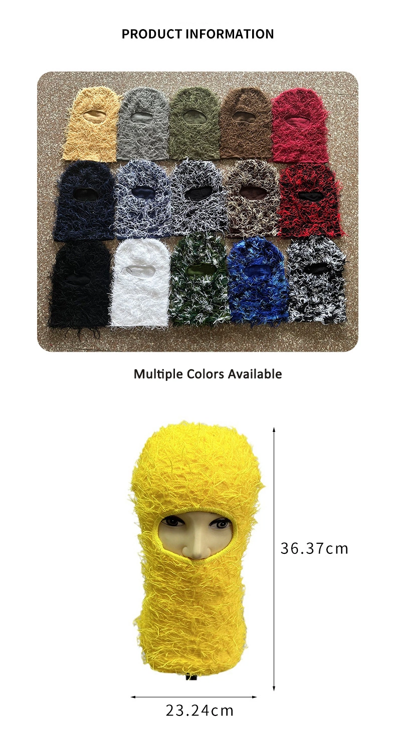 Wholesale Custom Distressed Fuzzy Grassy One Hole Knit Face Cover Ski Mask Balaclava Beanie Skimask