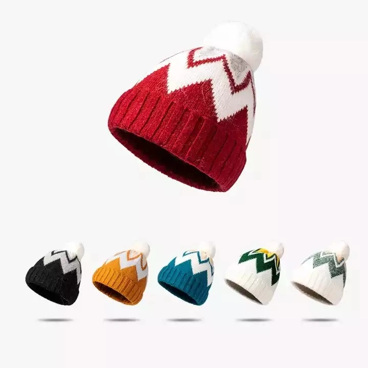 Autumn and Winter Fashion Christmas Faux Fur Ball Knitted Hat for Women Warm Thickened Rabbit Fur Striped Jacquard Beanie