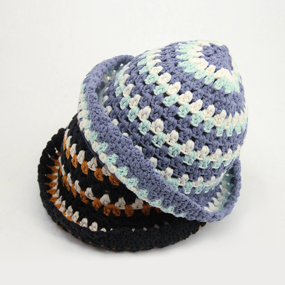 Wholesale Knitted 100% Cotton Soft Striped Crochet Bucket Hats