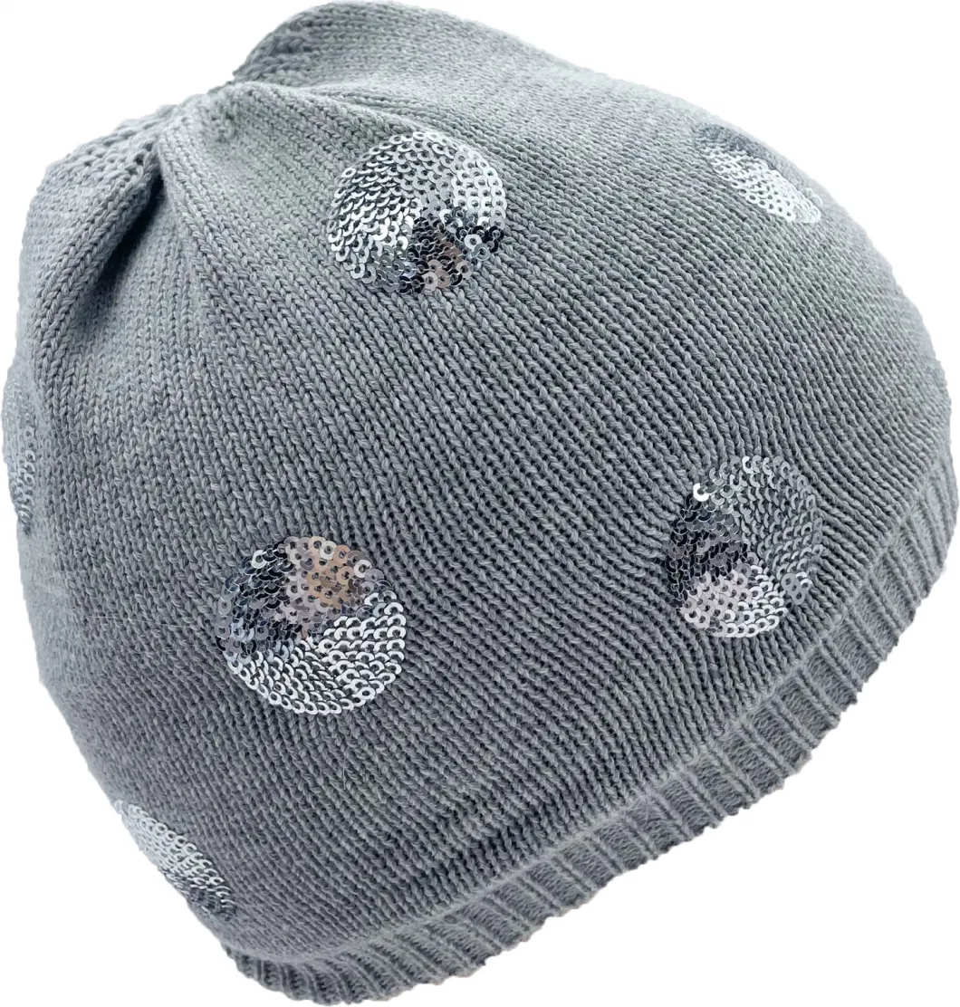 Grey Color Cotton Fleece Lining Sequins Girls Winter Beanie Hat