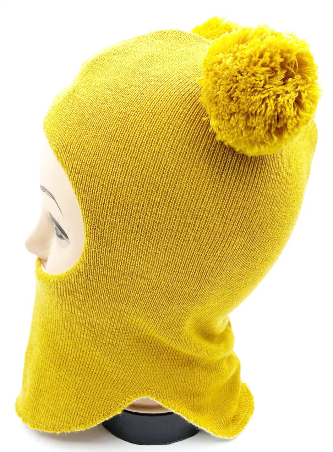 Light Brown Acrylic Knit Jersey Lining Kids Bobble Balaclava Hats