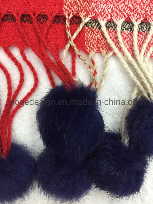 Top Sold Woge Supplier Wholesale Winter Femme Wrap Pashmina Other Shawl Acrylic Plaid Tartan Scarf with Rabbit Fur Pompoms