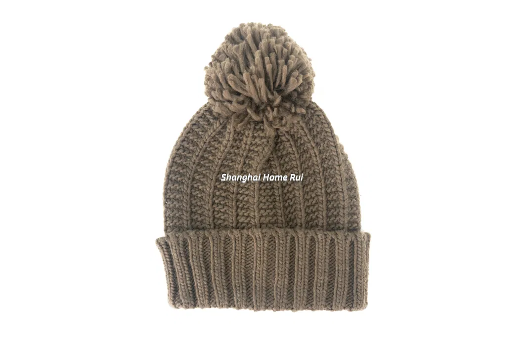 Unisex Warm Soft Slouchy Chunky Acrylic Fold Edge Brown Pompom Knitted Rib Line Striped Bonnet Casual Beanie Hat