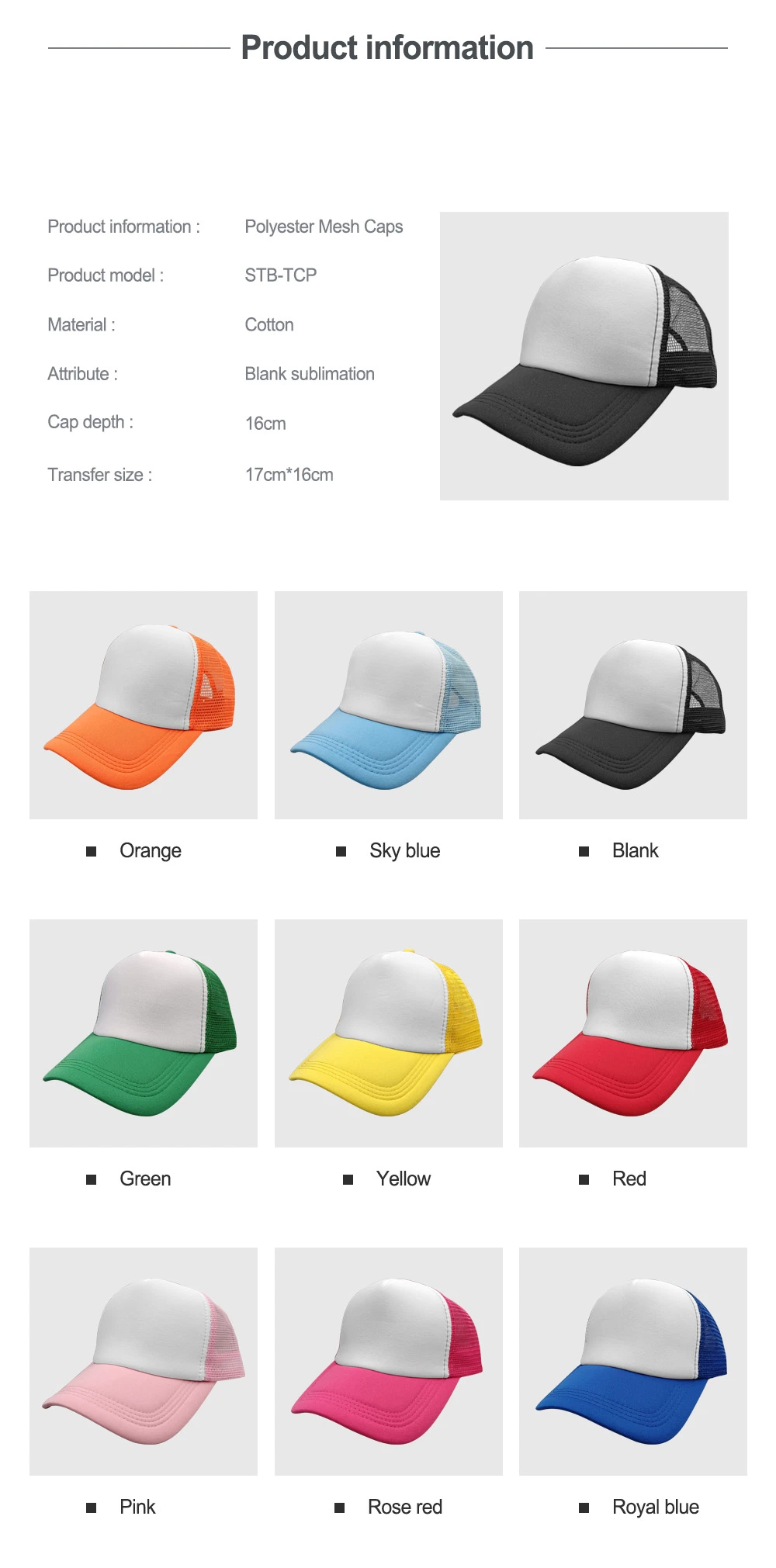 Wholesale Blue Sublimation Printing Baseball Polyester Cap/Hat