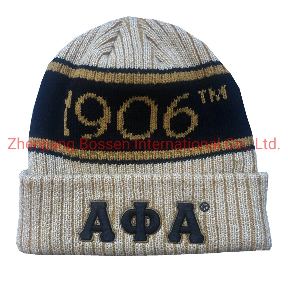 OEM Customized Logo 3D Embroidered Jacquard Acrylic RPET Knitted Winter Beanie Cap