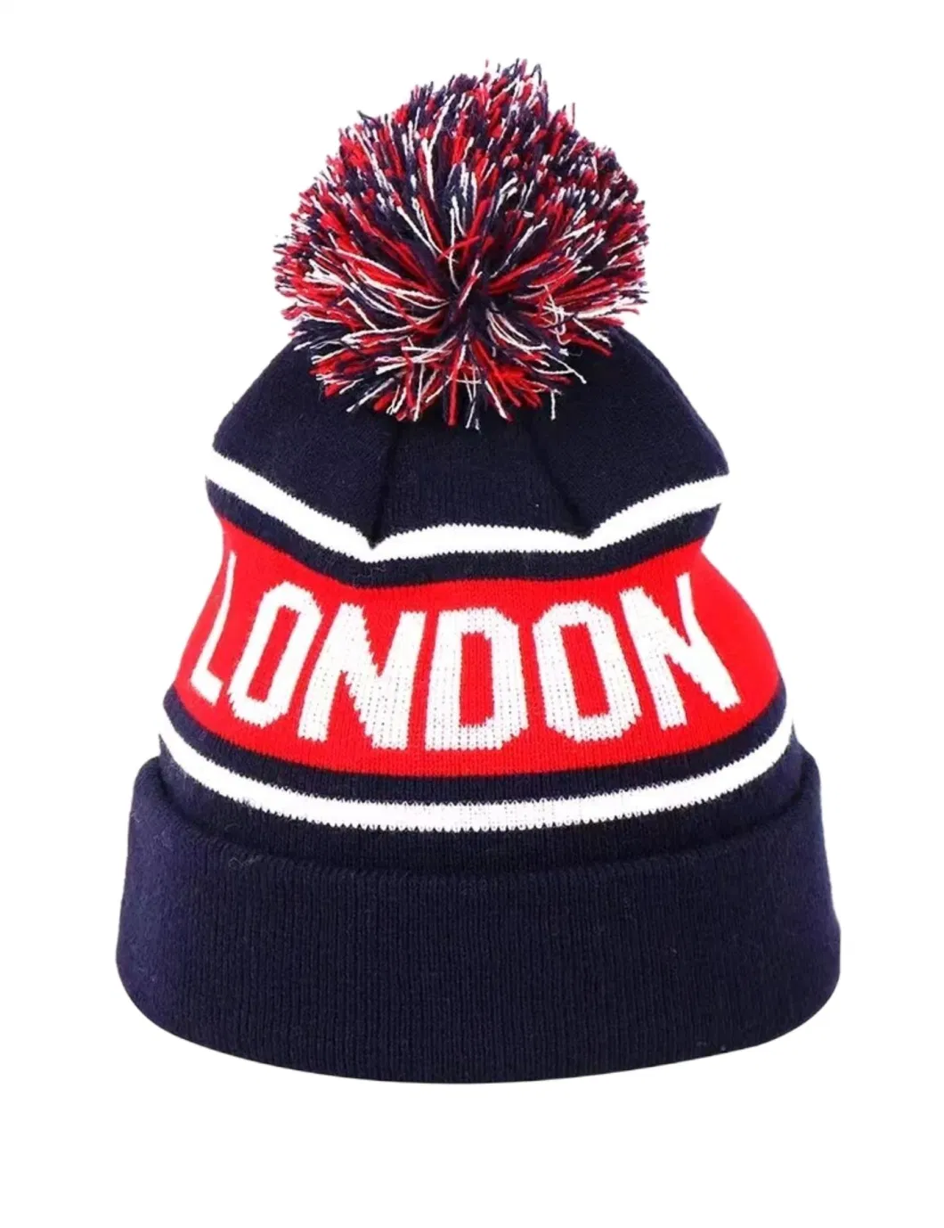 Custom Logo Jacquard Big Letters Knitted Cuff Wholesale Custom Striped POM POM Beanies Hat