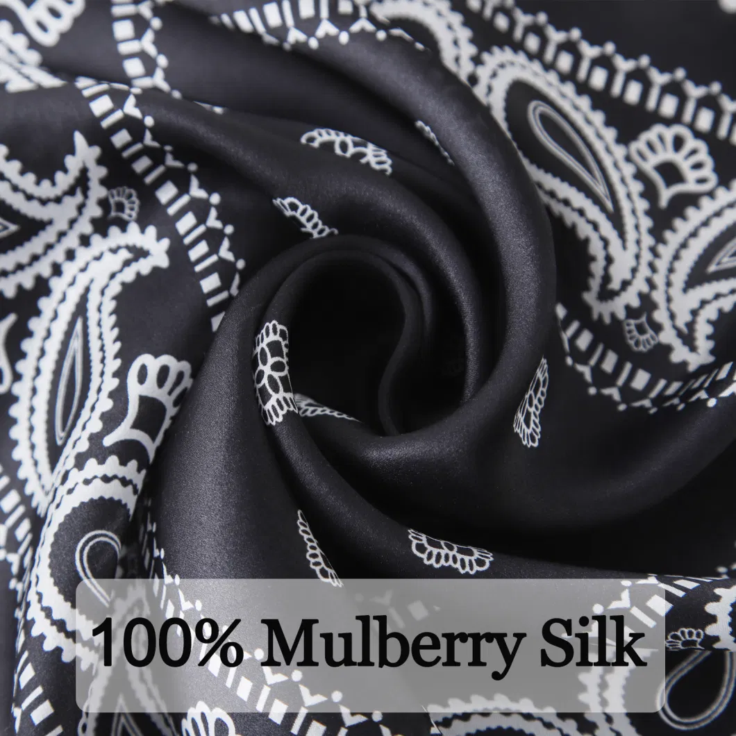 Fashion 100% Pure Silk 53*53cm Black White Paisley Printed Square Bandana Scarf