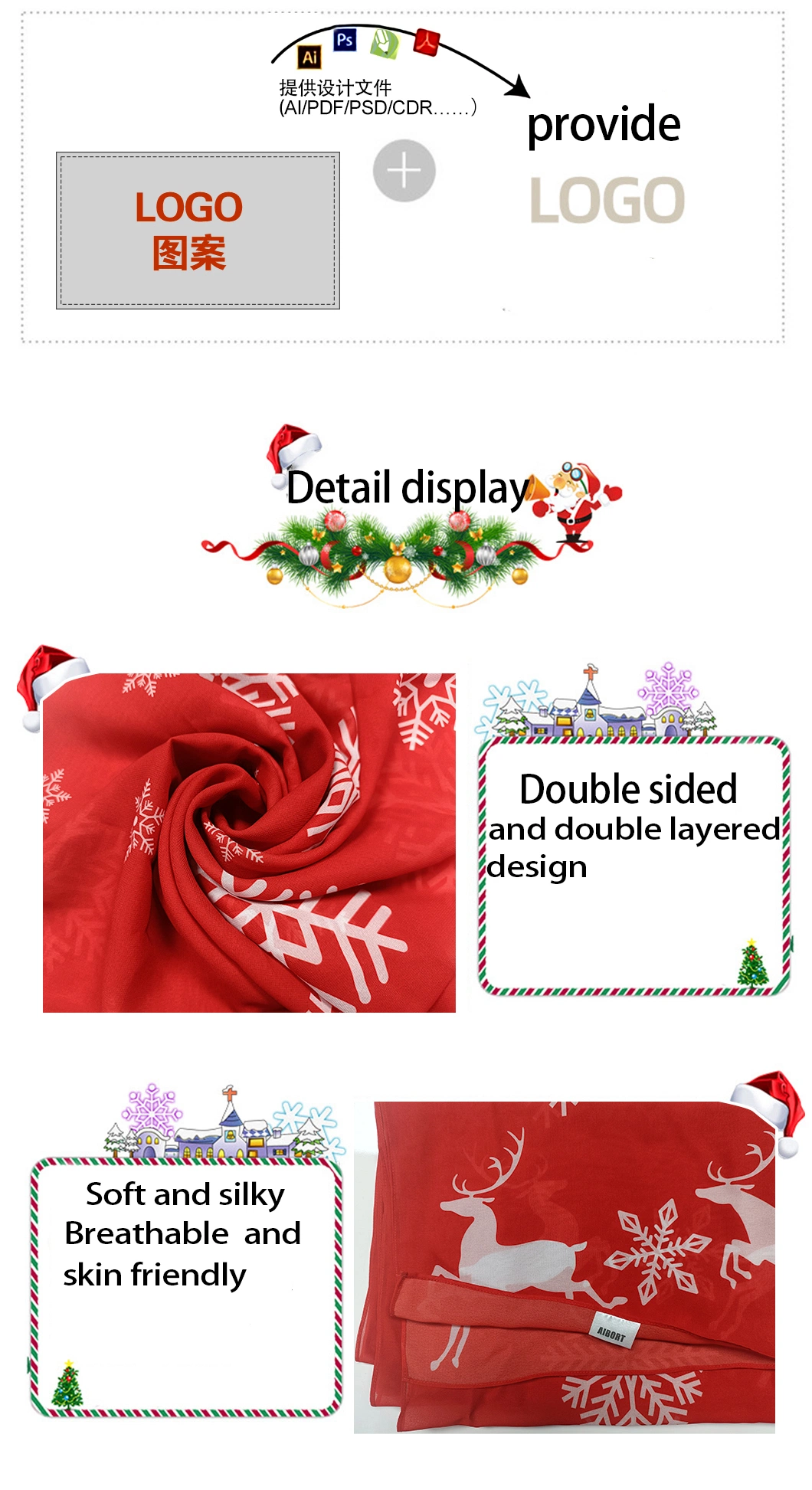 Brightly Design Printing Christmas Silk Scarf Customized Handbags Decoration Tie Small Twill Satin Square Silk Scarves Ladies