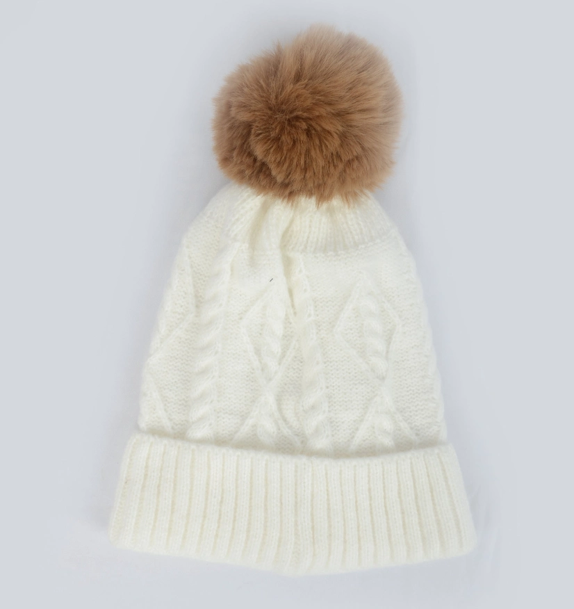 New Fashion Cuffed Luxury Wool Knit Diamond Pattern Pompon Hat