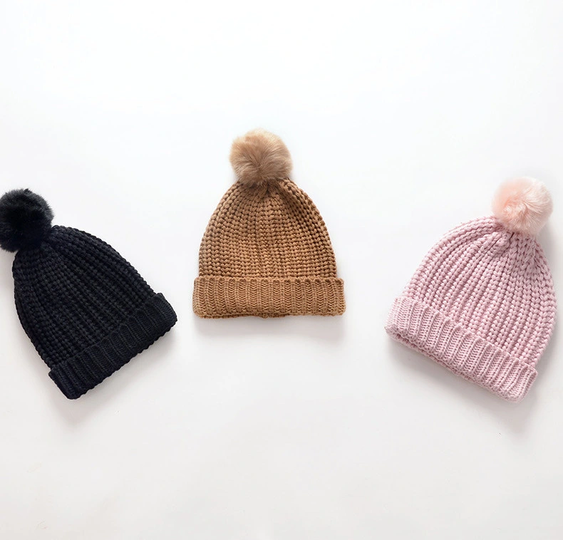 Women Winter Warm Custom Knitting Poly Fleece Parent-Child Beanie Hats Solid Color Knitted Hat for Girls with Faux Fur Pompom