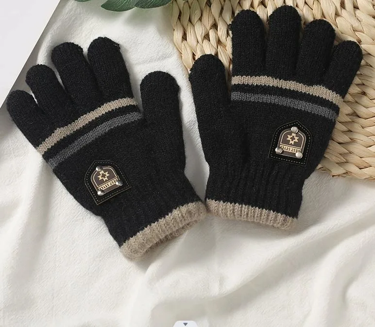 Winter New Imitation Cashmere Sub-Finger Knitted Warm Jacquard Fashion Plus Fleece Thickened Children&prime; S Wool Gloves