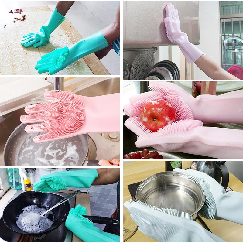 Custom Made 100% Food Grade BPA Free Silicone Rubber Heat Resistant Brush Magic Scrubber Washing Cleaning Dishwashing Gloves