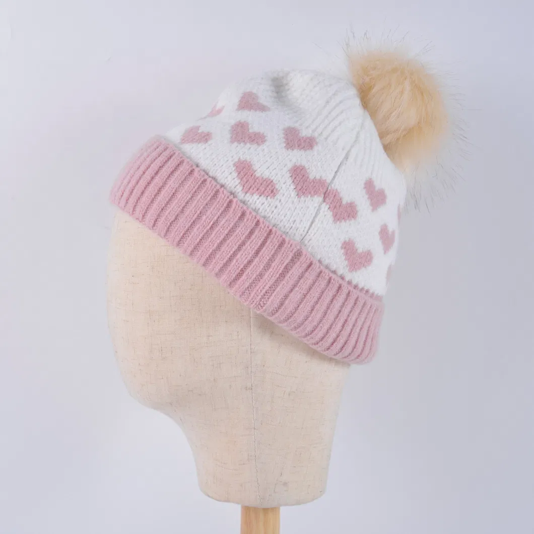 Customize Wool Cap Pink Black Heart Pattern Knitted POM Poms Beanie Hats