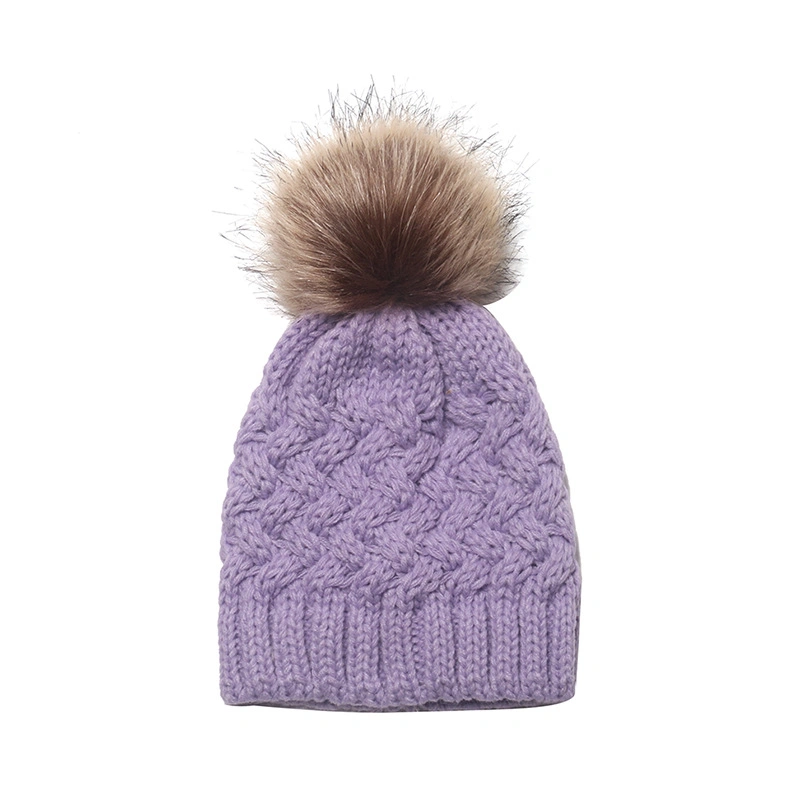 Vintage Custom Acrylic Plain Color Cable Childern Kids Pompom Bobble Knitted Winter Beanie Hat