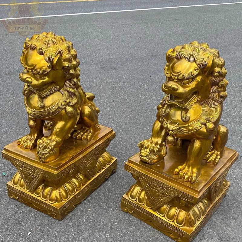 Large Bronze Pairs of Chinese Foo Dog Statues Brass Chinese Lions Animal Statue Sculpture