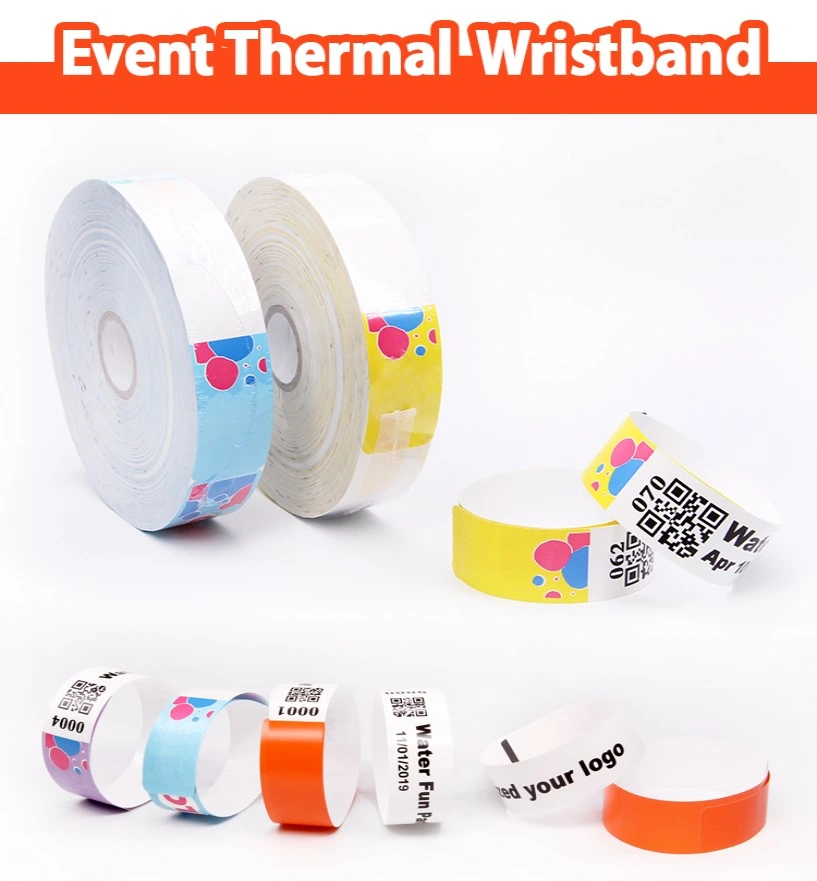 Thermal Paper One Time Wristbands Strape for Park Access Control Ticket OEM Printing with Black Mark at Back Side