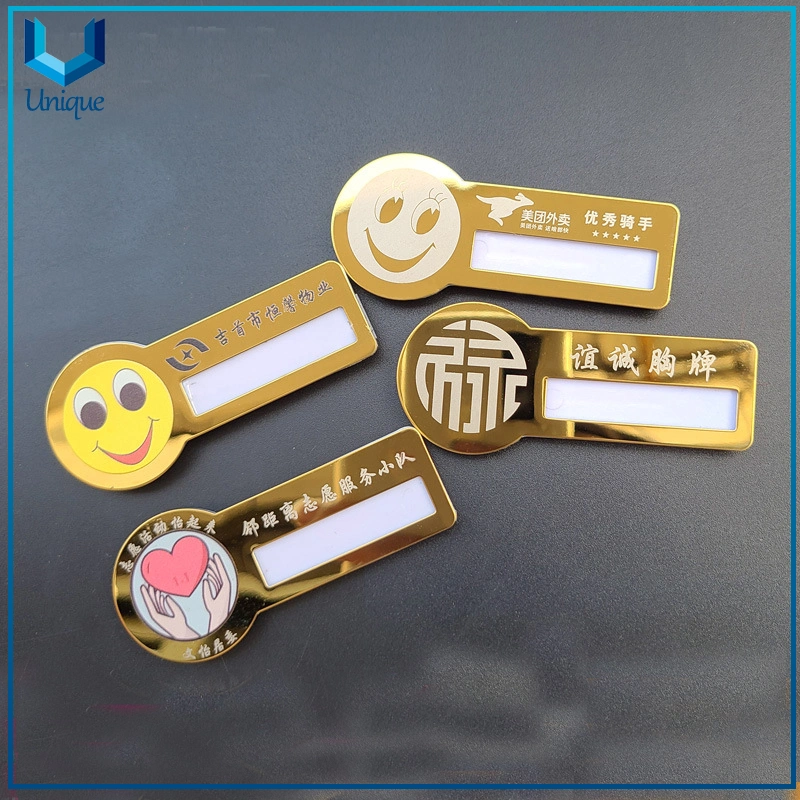 Metal Name Plaque with Printing Logo, Custom High Quality Gold Silver Name Badge with Acrylic or Manget Button for Wearing
