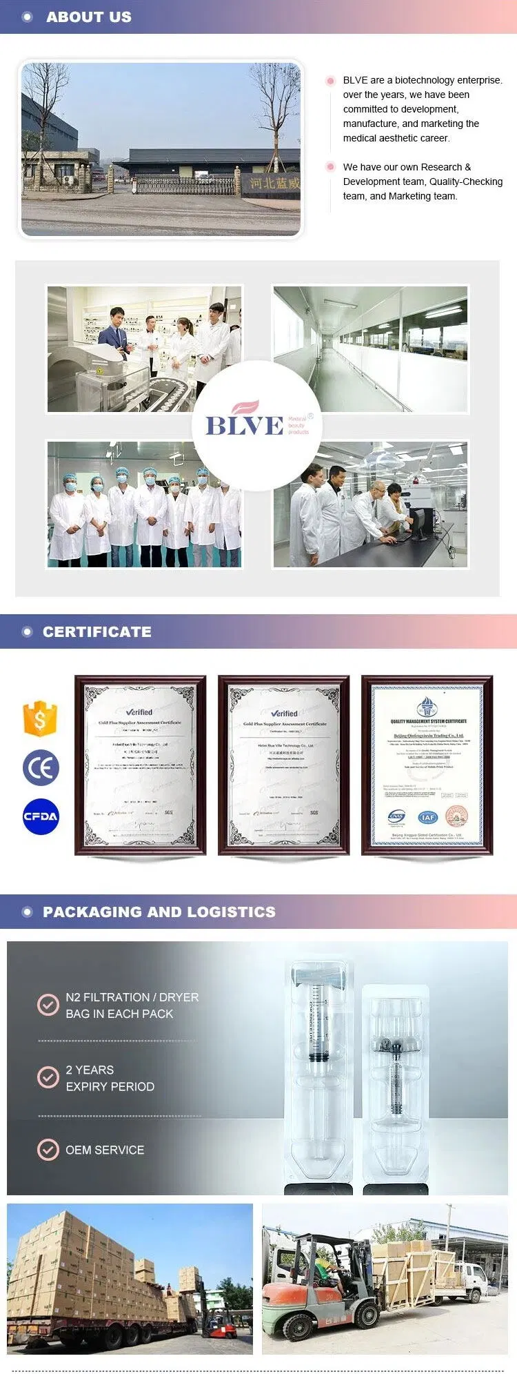 Ce Certificated 24mg/Ml Cross-Linked Gel Hyaluronic Acid Derma Filler