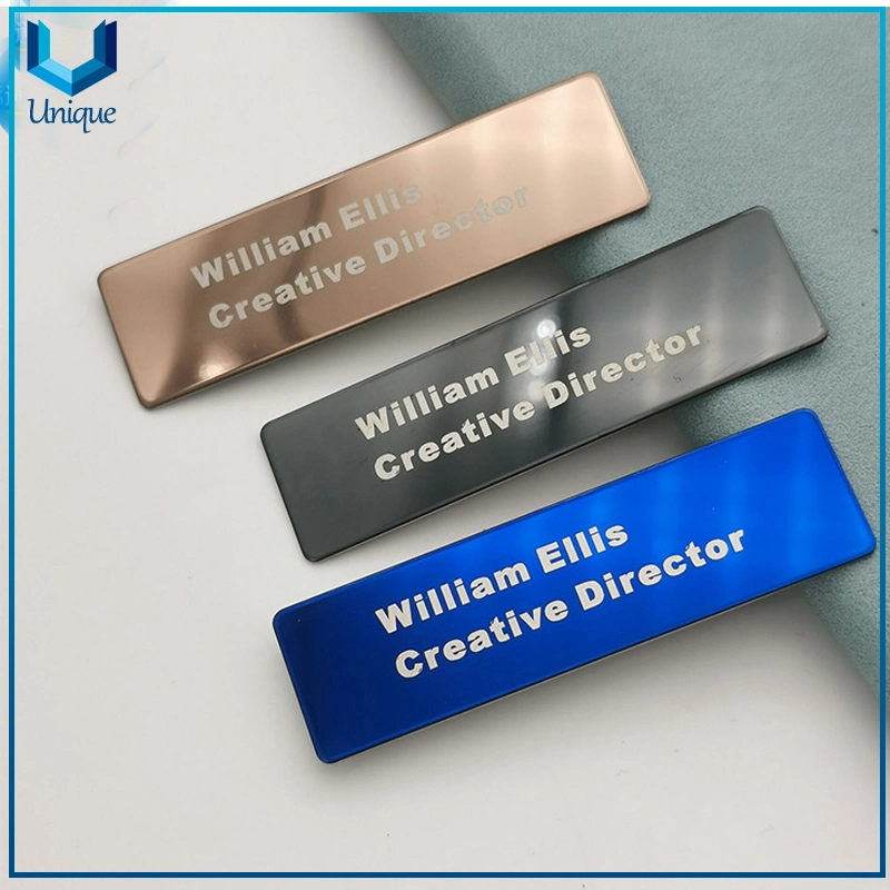 Metal Name Plaque with Printing Logo, Custom High Quality Gold Silver Name Badge with Acrylic or Manget Button for Wearing