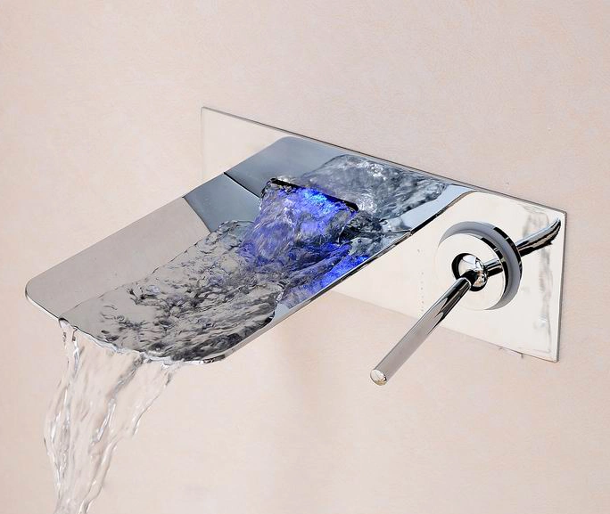 Wall Mounted Brass Color Changing LED Light Waterfall Bathroom Faucet for Wash Basin