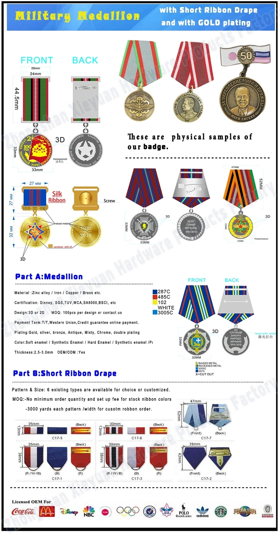 Custom Logo Antique Plated Fashiowith Ribbon Alloy Metal Church Soldier War Honor Recognition Award Badge Military Medal