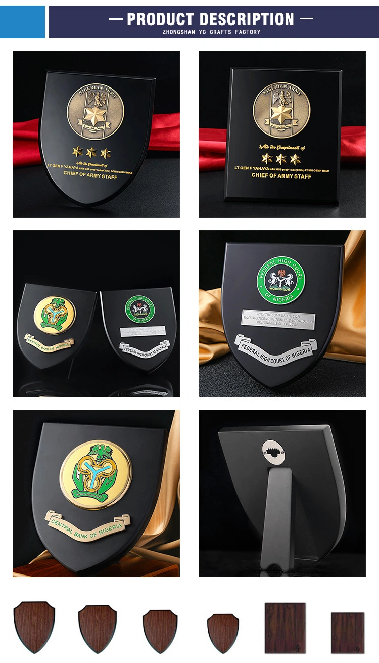 Metal Trophy Wall Award Plaques Honor Shields Sport 20-25 Cm and Wooden Plaque with Stainless Steel Plate Shield